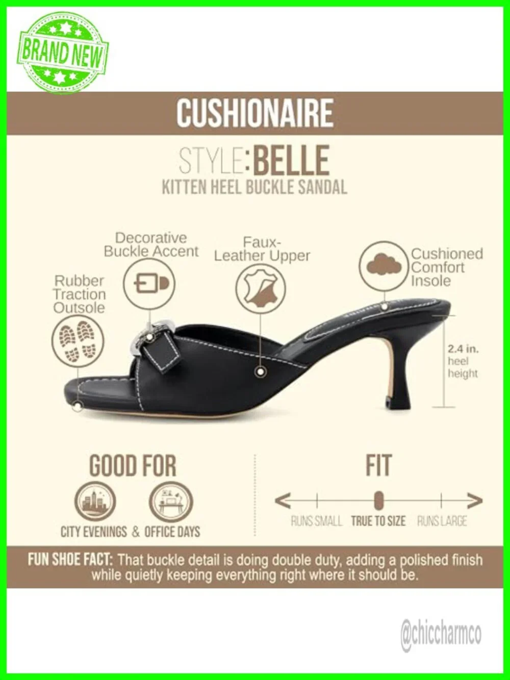 CUSHIONAIRE Belle Kitten Heels for Women with Buckle Accent, Comfortable Mule
